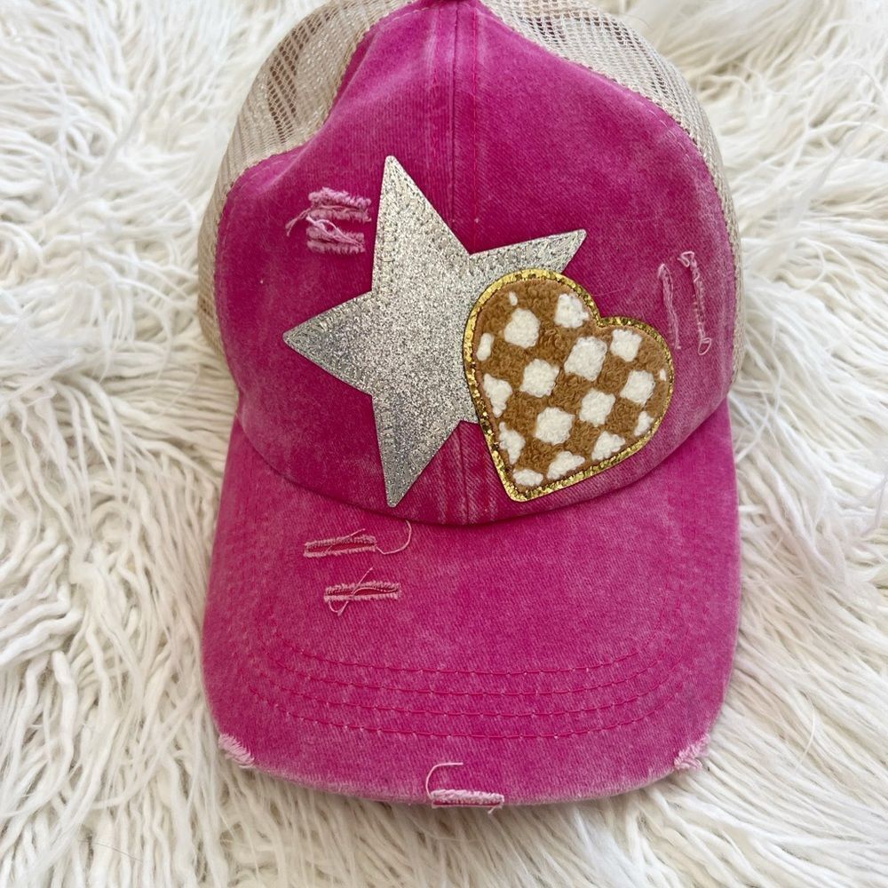 Pink Distressed Cap with Star and Heart Patches